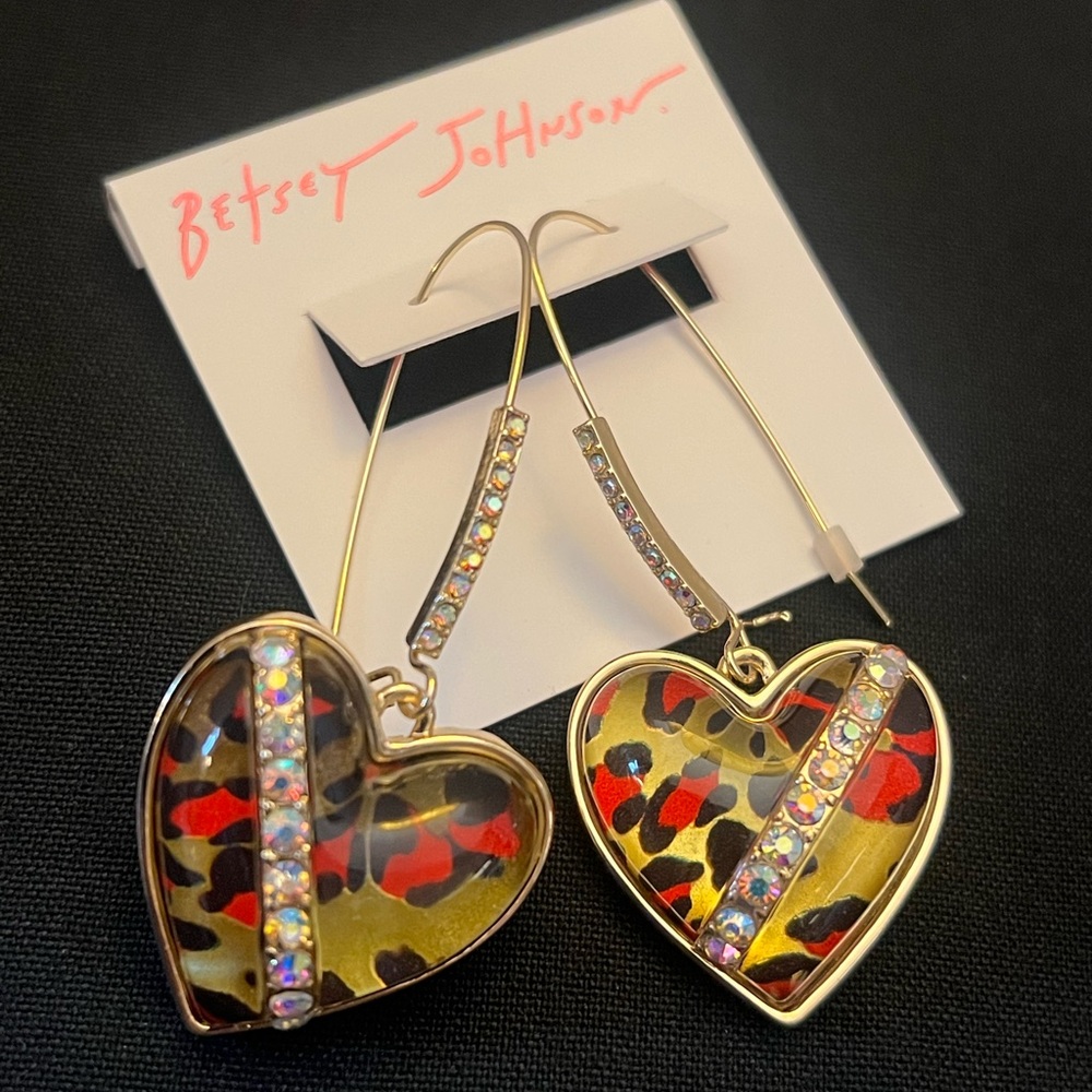 Betsey Johnson Gold-tone Crystal Leopard Print Heart Drop Earrings